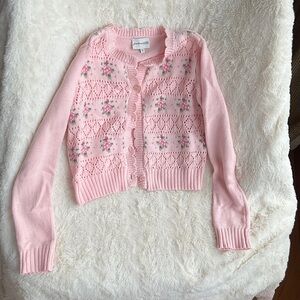Pastel Pink Floral Openwork Knit Cardigan